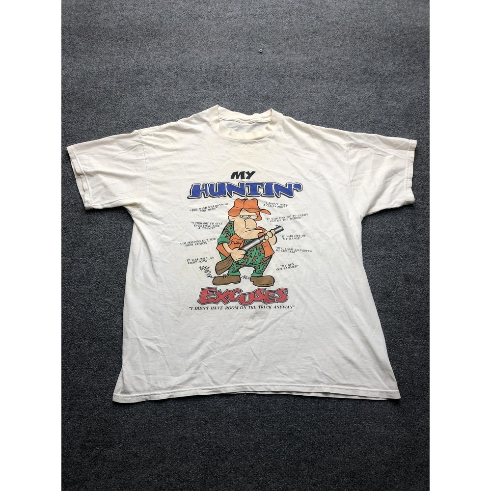My Huntin' Excuses Shirt Mens Large White Funny Hunting Graphic Cartoon Tee